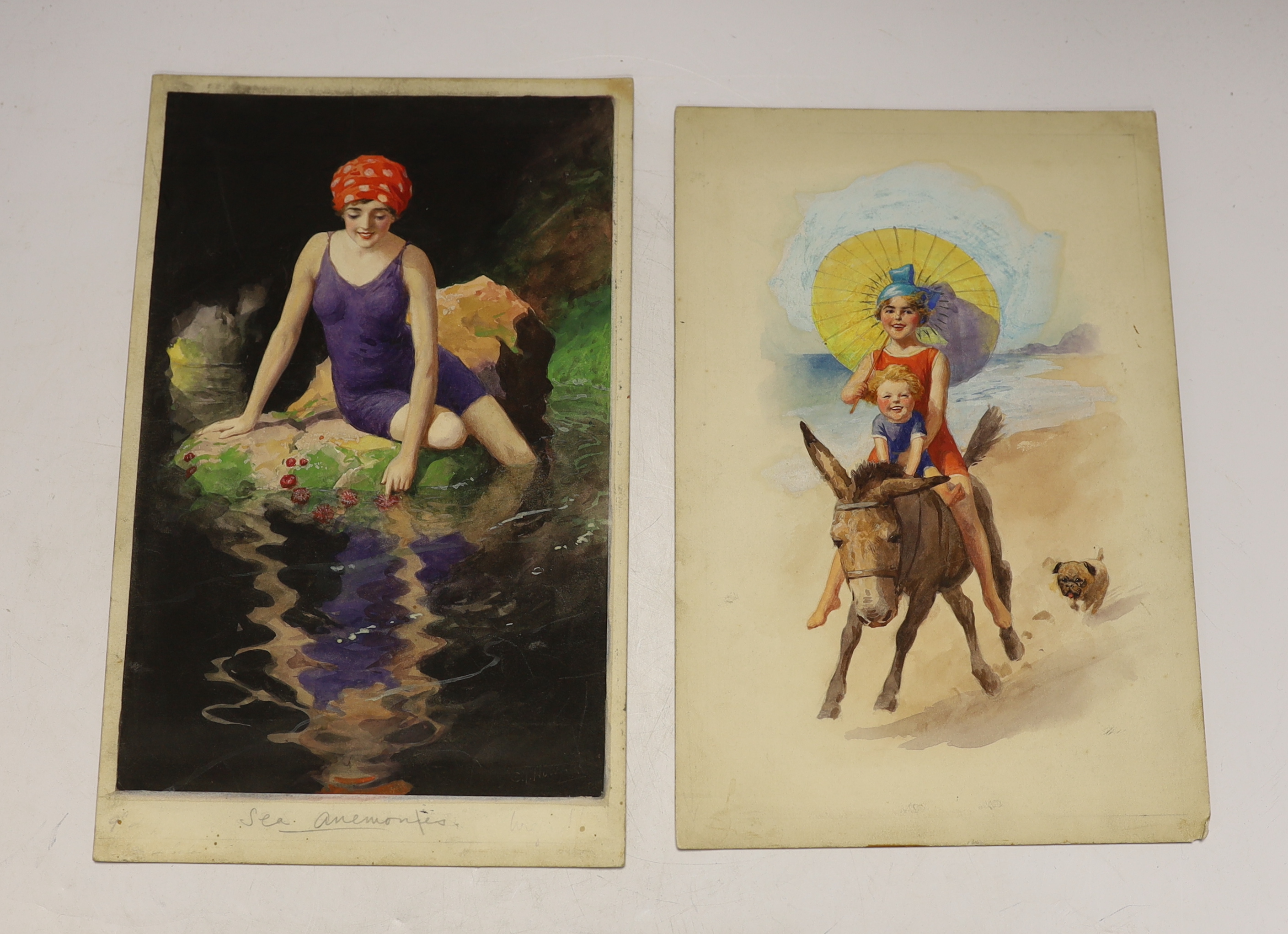 Charles Thomas Howard (1865-1942) four original watercolours on card for postcard designs, Bathing girls, two signed, 27 x 17cm